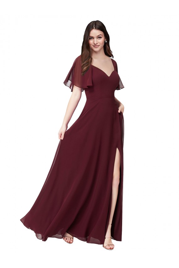 Short Flutter Sleeves Sweetheart Keyhole Back Soft Chiffon A-Line Formal Dress / Bridesmaid Dress Brisbane