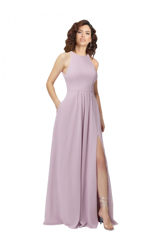 Sleeveless Pink Glow Halter Neck Keyhole Back Soft Chiffon A-Line Bridesmaid Dress Brisbane