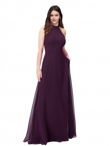 Sleeveless Grape Halter Neck Keyhole Back Soft Chiffon A-Line Bridesmaid Dress Brisbane