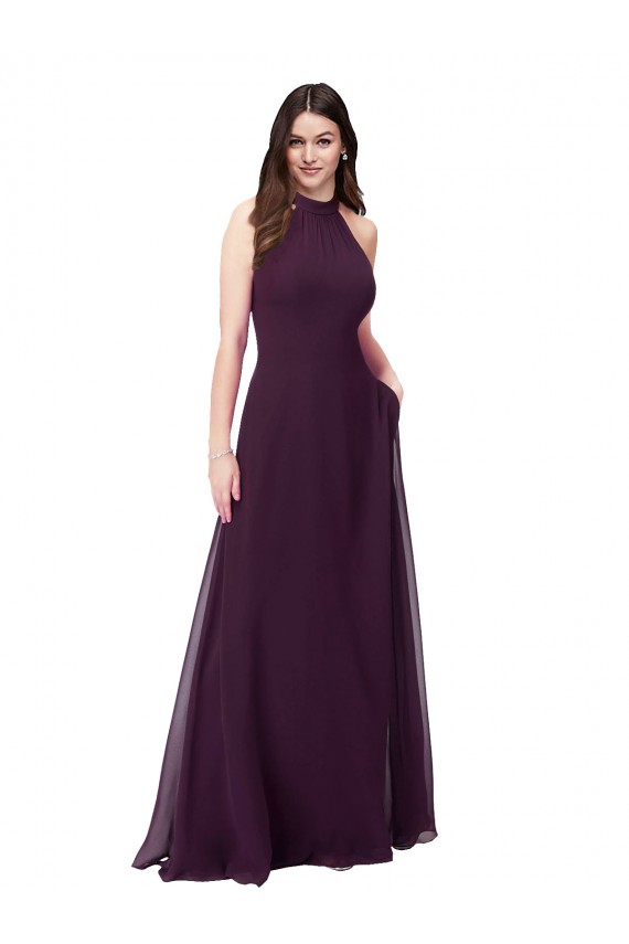 Sleeveless Grape Halter Neck Keyhole Back Soft Chiffon A-Line Bridesmaid Dress Brisbane