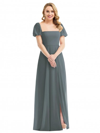 Puff Sleeves Square Neck Soft Chiffon A-Line Semi Formal Evening Dress / Bridesmaid Dress Brisbane