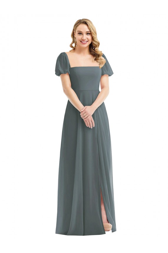 Puff Sleeves Square Neck Soft Chiffon A-Line Semi Formal Evening Dress / Bridesmaid Dress Brisbane