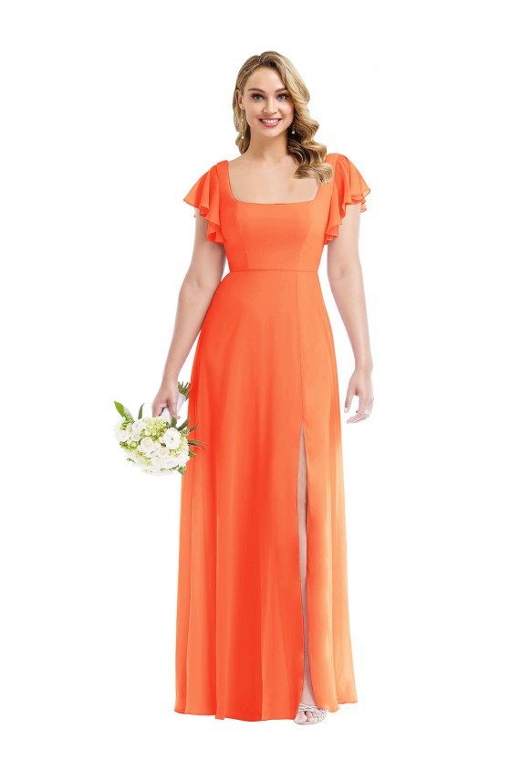 Flutter Sleeves Square Neck Open Back Soft Chiffon A-Line Semi Formal Evening Dress / Bridesmaid Dress Brisbane