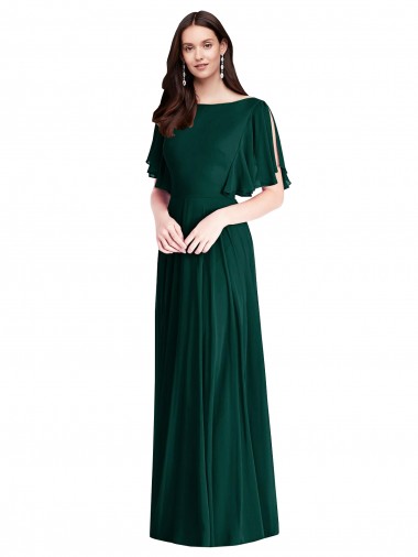 Bell Sleeves Bateau Neck V-Back Soft Chiffon A-Line Semi Formal Evening Dress / Bridesmaid Dress Brisbane