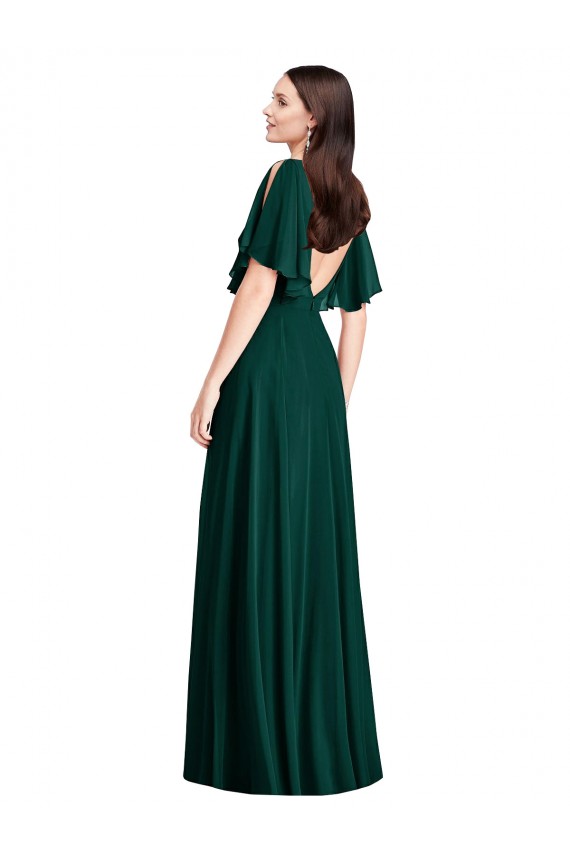 Bell Sleeves Bateau Neck V-Back Soft Chiffon A-Line Semi Formal Evening Dress / Bridesmaid Dress Brisbane