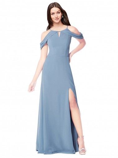 Sleeveless Dusty Blue Off the Shoulder Soft Chiffon A-Line Evening Dress / Bridesmaid Dress Brisbane