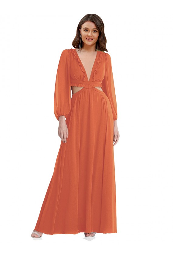 Long Sleeves V-Neck Open Back Soft Chiffon A-Line High Low Evening Gown / Bridesmaid Dress Brisbane