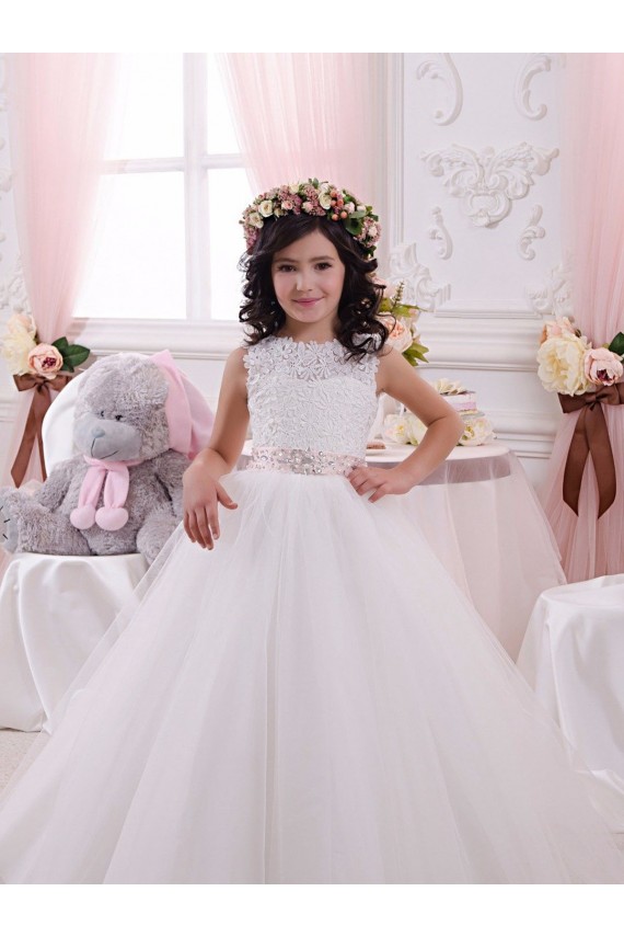 Sleeveless Bateau Neck V-Back Tulle & Lace Ball Gown Flower Girl Dress Brisbane