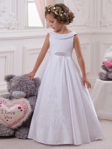 Sleeveless Bateau Neck Satin & Lace Ball Gown Flower Girl Dresses Brisbane