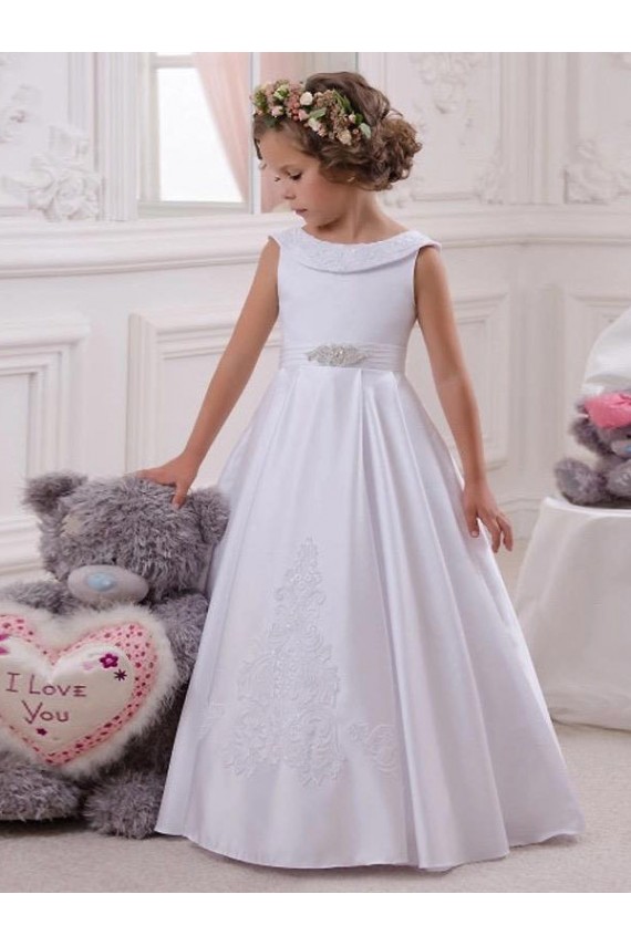 Sleeveless Bateau Neck Satin & Lace Ball Gown Flower Girl Dresses Brisbane