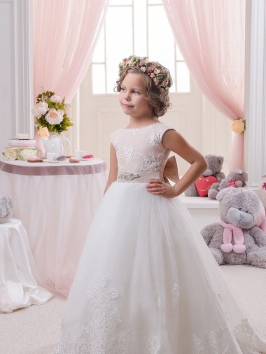 Sleeveless Bateau Neck V-Back Tulle & Lace Ball Gown Flower Girl Dresses Brisbane