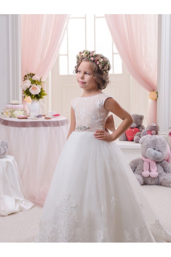 Sleeveless Bateau Neck V-Back Tulle & Lace Ball Gown Flower Girl Dresses Brisbane
