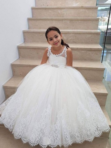 Sleeveless High Neck Keyhole Back Tulle & Lace Ball Gown Flower Girl Dress for Wedding Brisbane