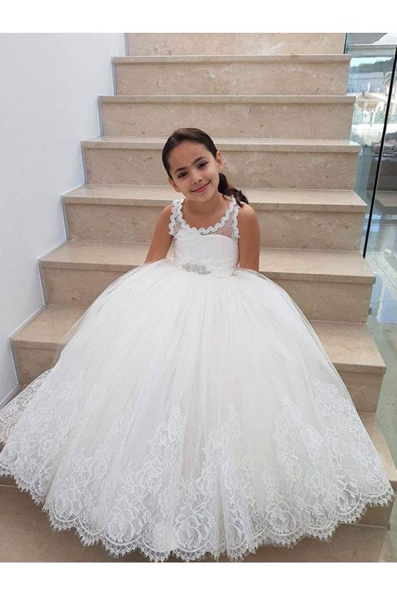 Sleeveless High Neck Keyhole Back Tulle & Lace Ball Gown Flower Girl Dress for Wedding Brisbane