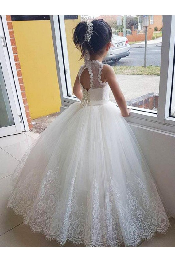 Sleeveless High Neck Keyhole Back Tulle & Lace Ball Gown Flower Girl Dress for Wedding Brisbane