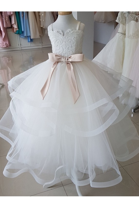 Sleeveless High Neck Tulle & Lace Ball Gown Flower Girl Wedding Dress Brisbane