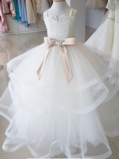 Sleeveless High Neck Tulle & Lace Ball Gown Flower Girl Wedding Dress Brisbane