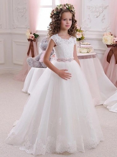 Cap Sleeves High Neck Keyhole Back Tulle & Lace Ball Gowns Flower Girl Dress Brisbane