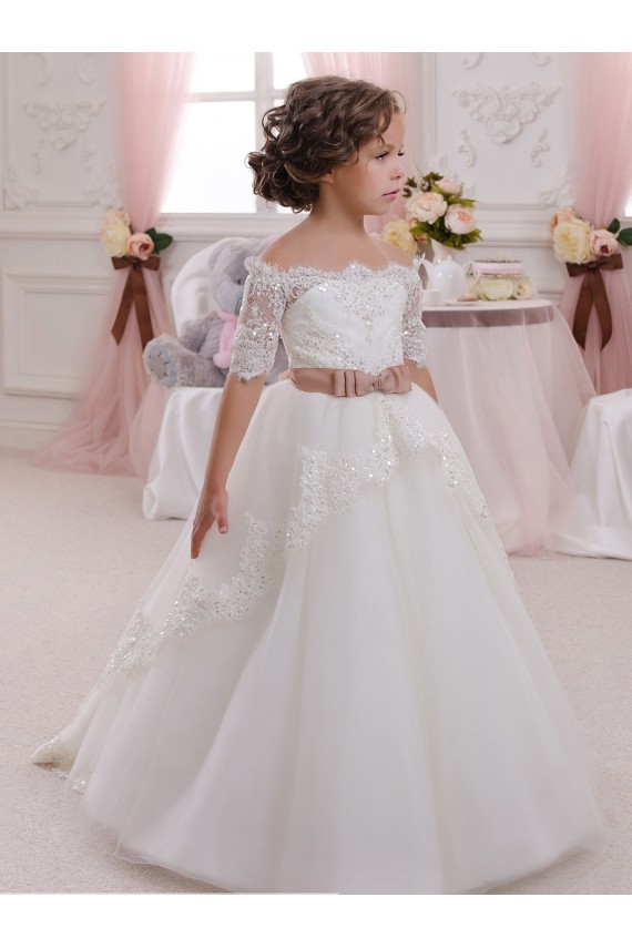 Short Sleeves High Neck Keyhole Back Tulle & Lace Ball Gown Flower Girl Dresses Brisbane