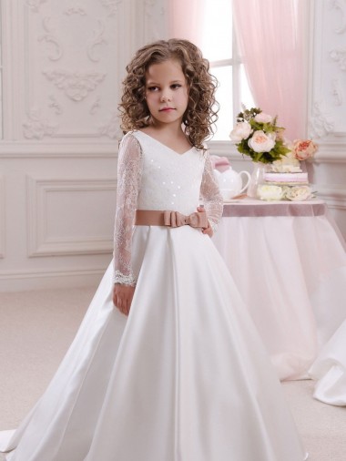 Long Sleeves V-Neck Satin & Lace Ball Gown Flower Girl Dress Brisbane