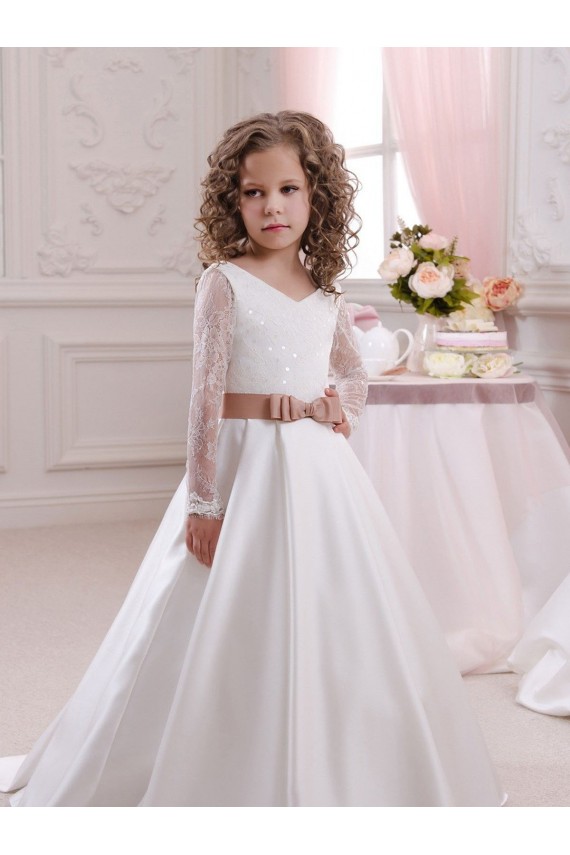 Long Sleeves V-Neck Satin & Lace Ball Gown Flower Girl Dress Brisbane