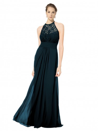Sleeveless Halter Neck Keyhole Back Soft Chiffon & Lace A-Line Formal Dress / Bridesmaid Dress Brisbane
