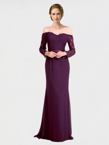 Long Sleeves Off the Shoulder Low Back Soft Chiffon & Lace Mermaid Bridesmaid Dress Brisbane