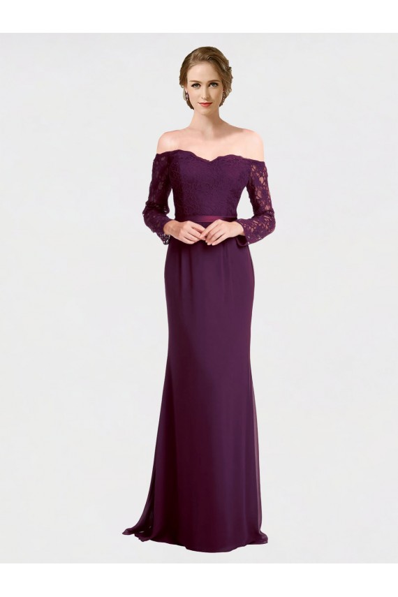 Long Sleeves Off the Shoulder Low Back Soft Chiffon & Lace Mermaid Bridesmaid Dress Brisbane