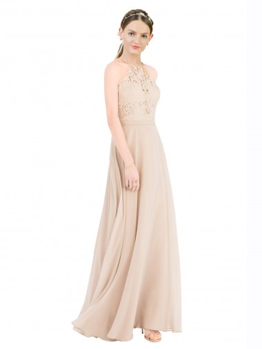 Sleeveless Halter Neck Keyhole Back Soft Chiffon & Lace A-Line Prom Dress / Bridesmaid Dress Brisbane
