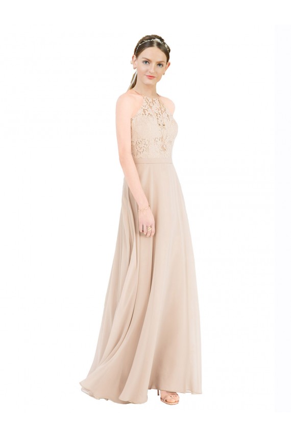 Sleeveless Halter Neck Keyhole Back Soft Chiffon & Lace A-Line Prom Dress / Bridesmaid Dress Brisbane