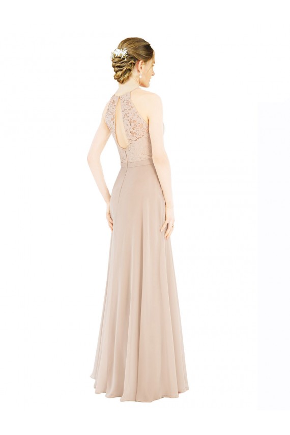 Sleeveless Halter Neck Keyhole Back Soft Chiffon & Lace A-Line Prom Dress / Bridesmaid Dress Brisbane
