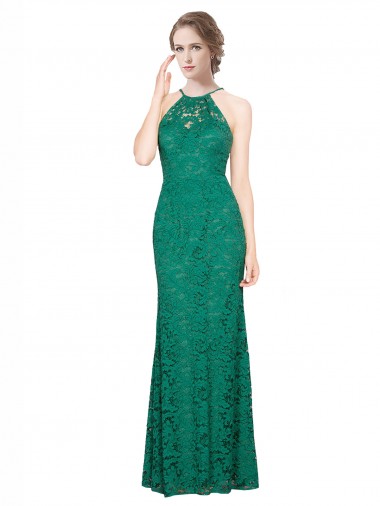 Sleeveless Halter Neck Low Back Lace Mermaid Prom Dress / Bridesmaid Dress Brisbane