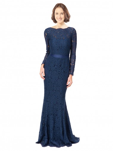 Long Sleeves Jewel Neck V-Back Lace Mermaid, Sheath Bridesmaid Dress Brisbane