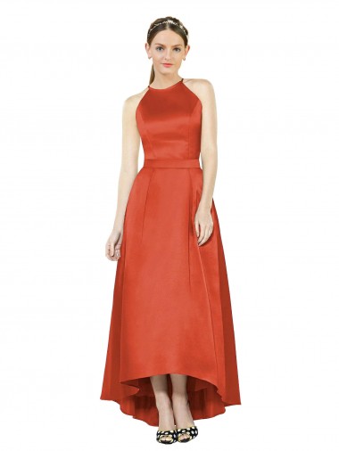 Sleeveless Halter Neck Satin A-Line High Low Bridesmaid Dress Brisbane