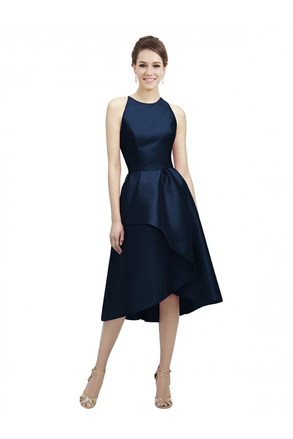 Sleeveless Dark Navy Halter Neck Satin A-Line High Low Bridesmaid Dress Brisbane