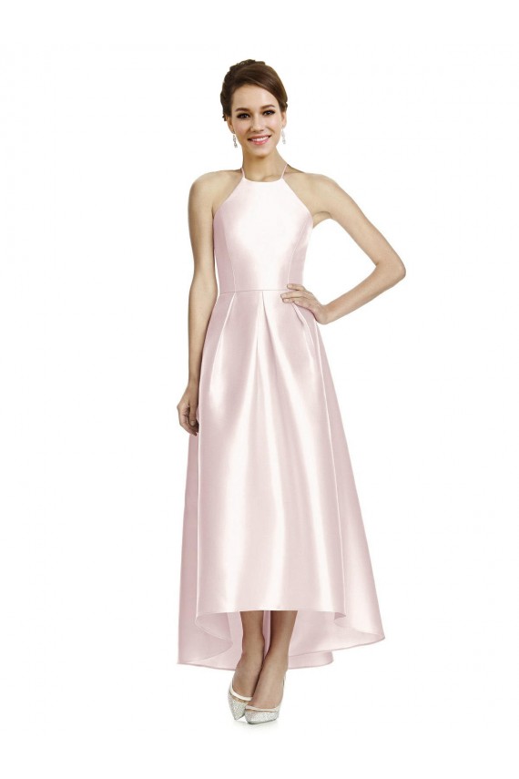 Sleeveless Spaghetti Straps Criss Cross Open Back Satin A-Line High Low Bridesmaid Dress Brisbane