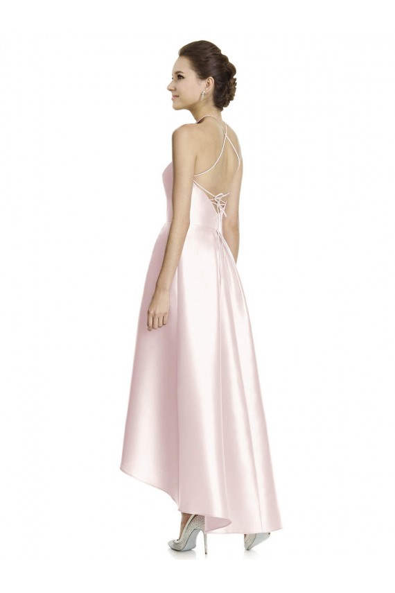 Sleeveless Spaghetti Straps Criss Cross Open Back Satin A-Line High Low Bridesmaid Dress Brisbane