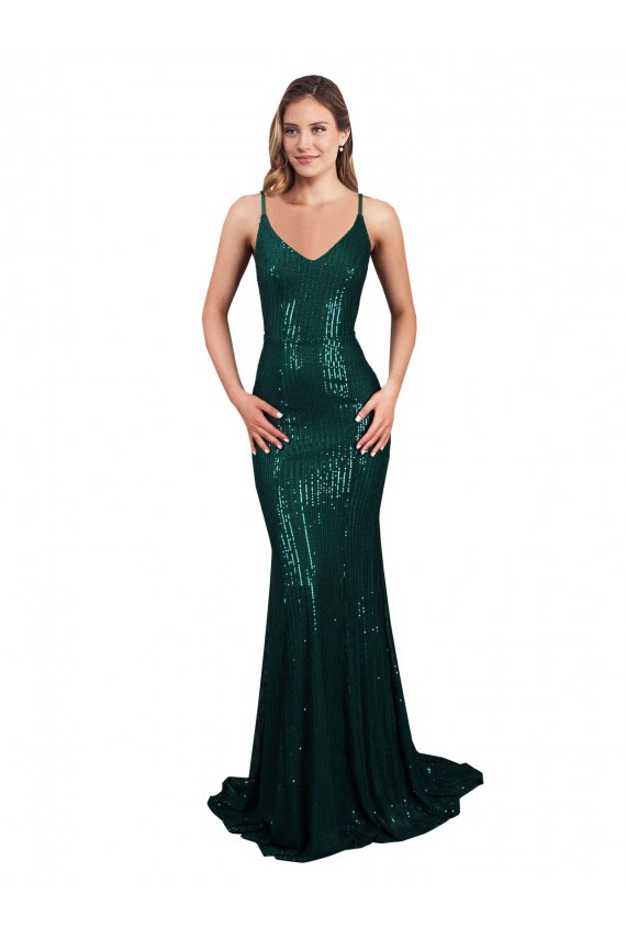 Sleeveless Dark Green V-Neck Low Back Sequin Mermaid Formal Evening Gown / Prom Dress / Bridesmaid Dress Brisbane