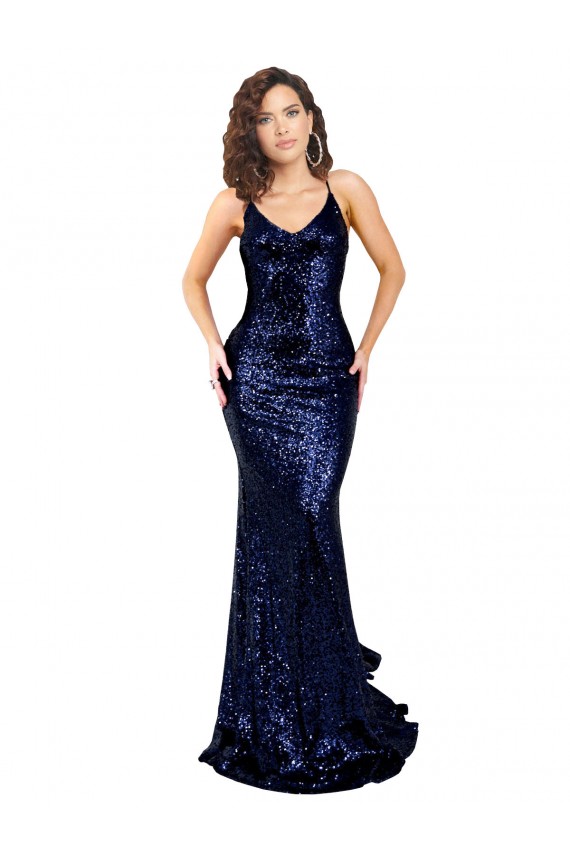 Sleeveless Dark Navy V-Neck Low Back Sequin Mermaid Formal Evening Gown / Prom Dress / Bridesmaid Dress Brisbane