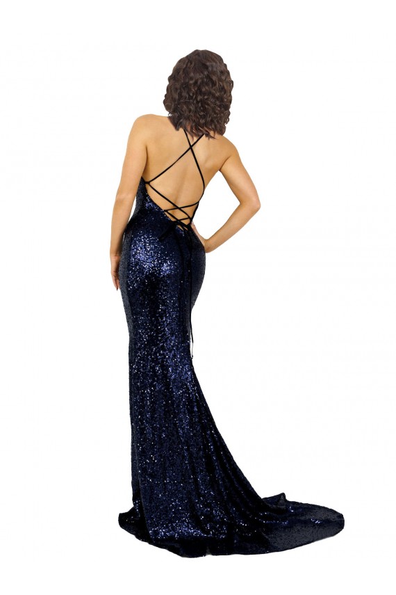 Sleeveless Dark Navy V-Neck Low Back Sequin Mermaid Formal Evening Gown / Prom Dress / Bridesmaid Dress Brisbane