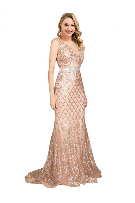 Sleeveless V-Neck V-Back Sequin & Sparkling Sequin Mermaid Formal Plus Size Evening Gown / Prom Dress / Bridesmaid Dress Brisbane