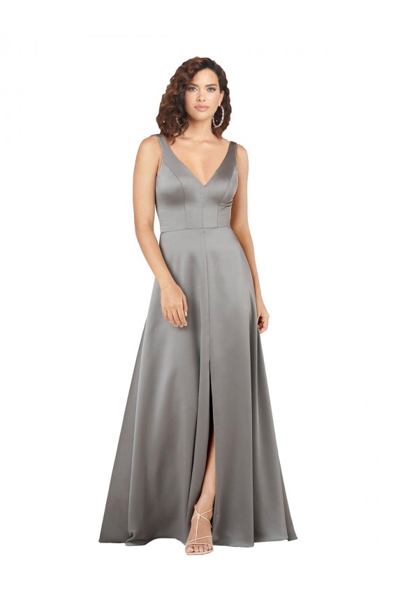 Sleeveless Pearl Grey V-Neck Silk like Satin A-Line Formal Evening Gown / Prom Dress / Bridesmaid Dress Brisbane