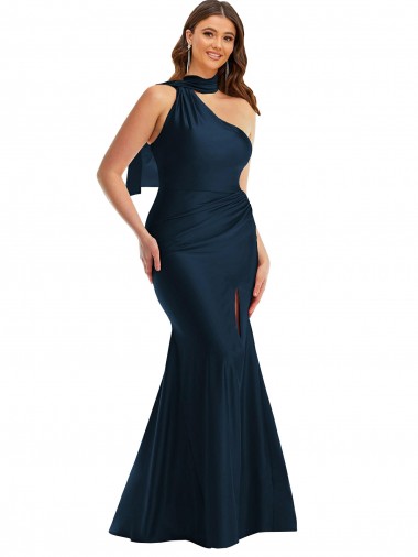 Sleeveless Dark Navy One Shoulder Silk like Satin Mermaid Formal Plus Size Evening Gown / Prom Dress / Bridesmaid Dress Brisbane