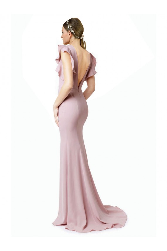 Ruffle Sleeves Jewel Neck V-Back Stretch Crepe Mermaid, Sheath Black Tie Prom Dress / Bridesmaid Dress Brisbane