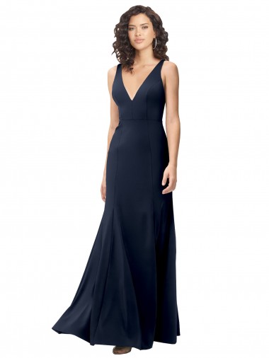 Sleeveless Dark Navy V-Neck V-Back Stretch Crepe A-Line Formal Dress / Bridesmaid Dress Brisbane