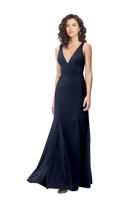 Sleeveless Dark Navy V-Neck V-Back Stretch Crepe A-Line Formal Dress / Bridesmaid Dress Brisbane