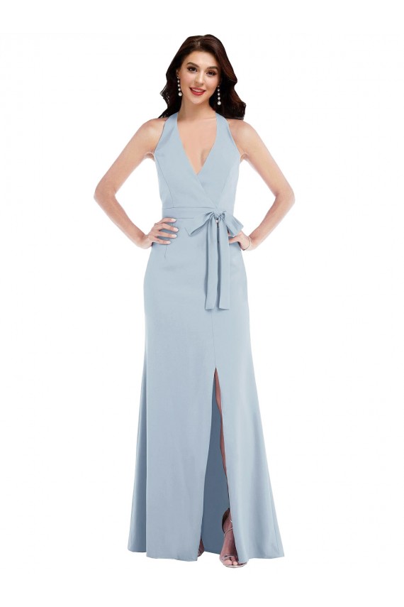 Sleeveless Light Sky Blue Halter Neck Open Back Stretch Crepe A-Line Formal Evening Gown / Prom Dress / Bridesmaid Dress Brisbane