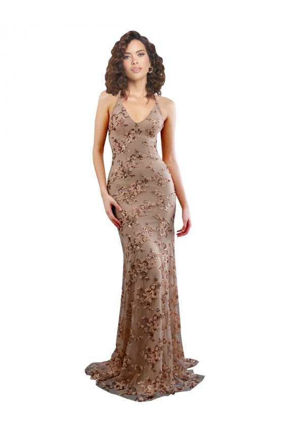 Sleeveless Rose Gold V-Neck Backless Stretch Crepe & Sequin Tulle Mermaid Formal Evening Gown / Prom Dress / Bridesmaid Dress Brisbane