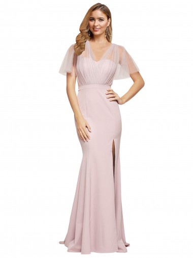 Short Sleeves One Shoulder Low Back Stretch Crepe & Tulle Sheath Formal Evening Gown / Prom Dress / Bridesmaid Dress Brisbane