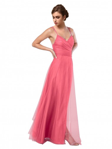 Sleeveless Watermelon Spaghetti Straps V-Back Tulle A-Line Bridesmaid Dress Brisbane